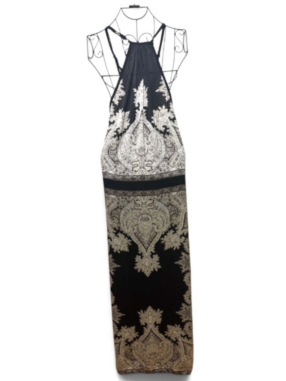 Paradise Black Gray White Paisley Halter Printed Maxi Dress Size S NWOT - Picture 2 of 9
